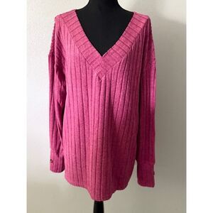 Shein Ribbed V Neck Long Sleeve Pullover Blouse Womens Plus Size 2XL Pink NWOT